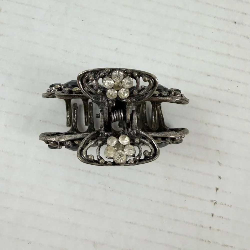 Vintage Pewter Rhinestone Hair Clip Barrette